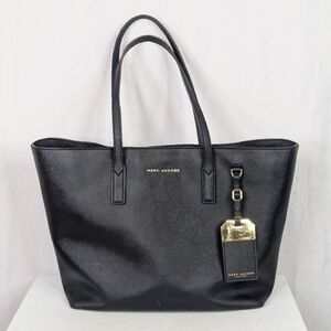 Marc Jacobs Saffiano Black Leather Luggage Tag Shoulder Tote Bag